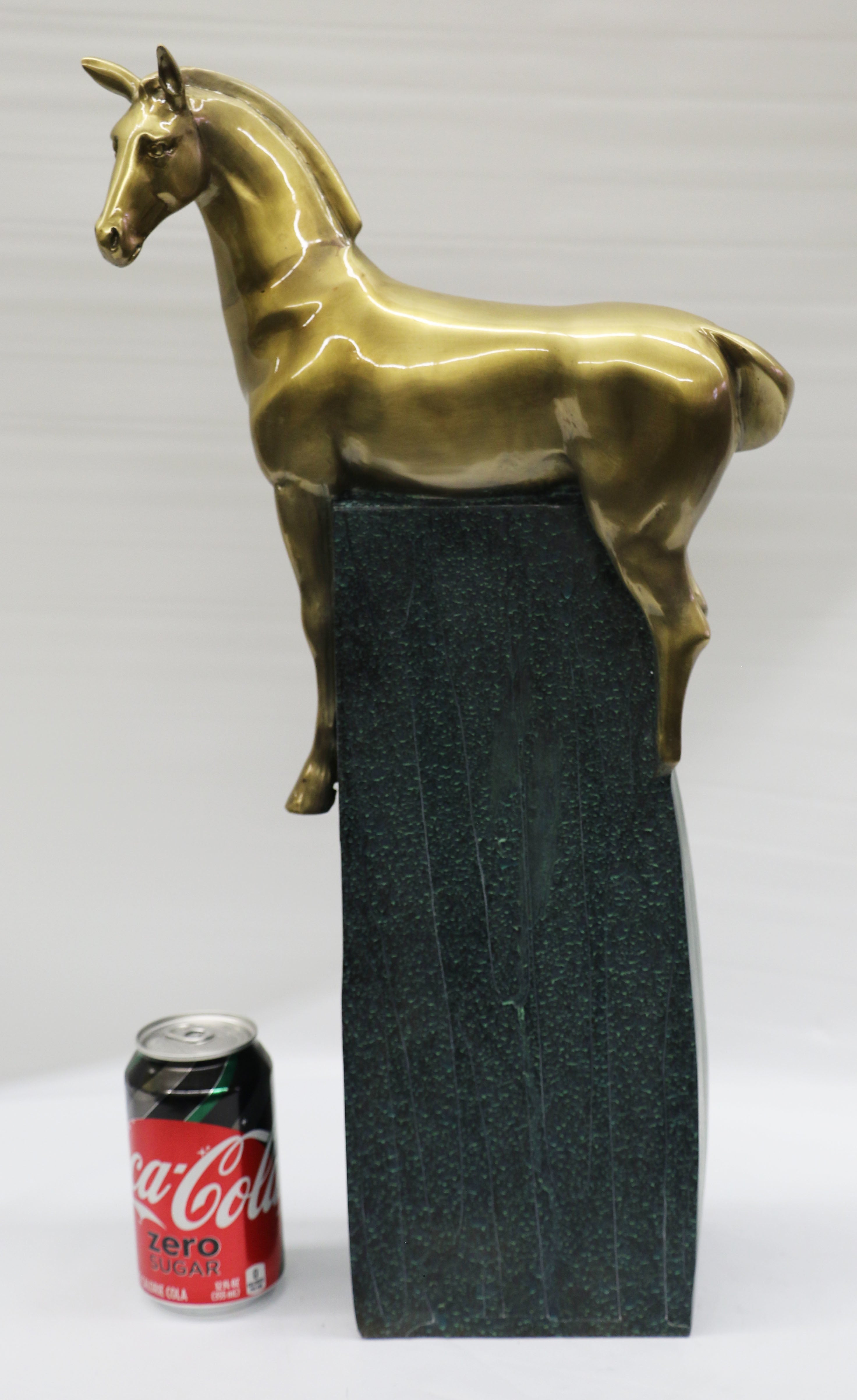 Large Green and Gold Patina Stallion Horse Bronze Sculpture