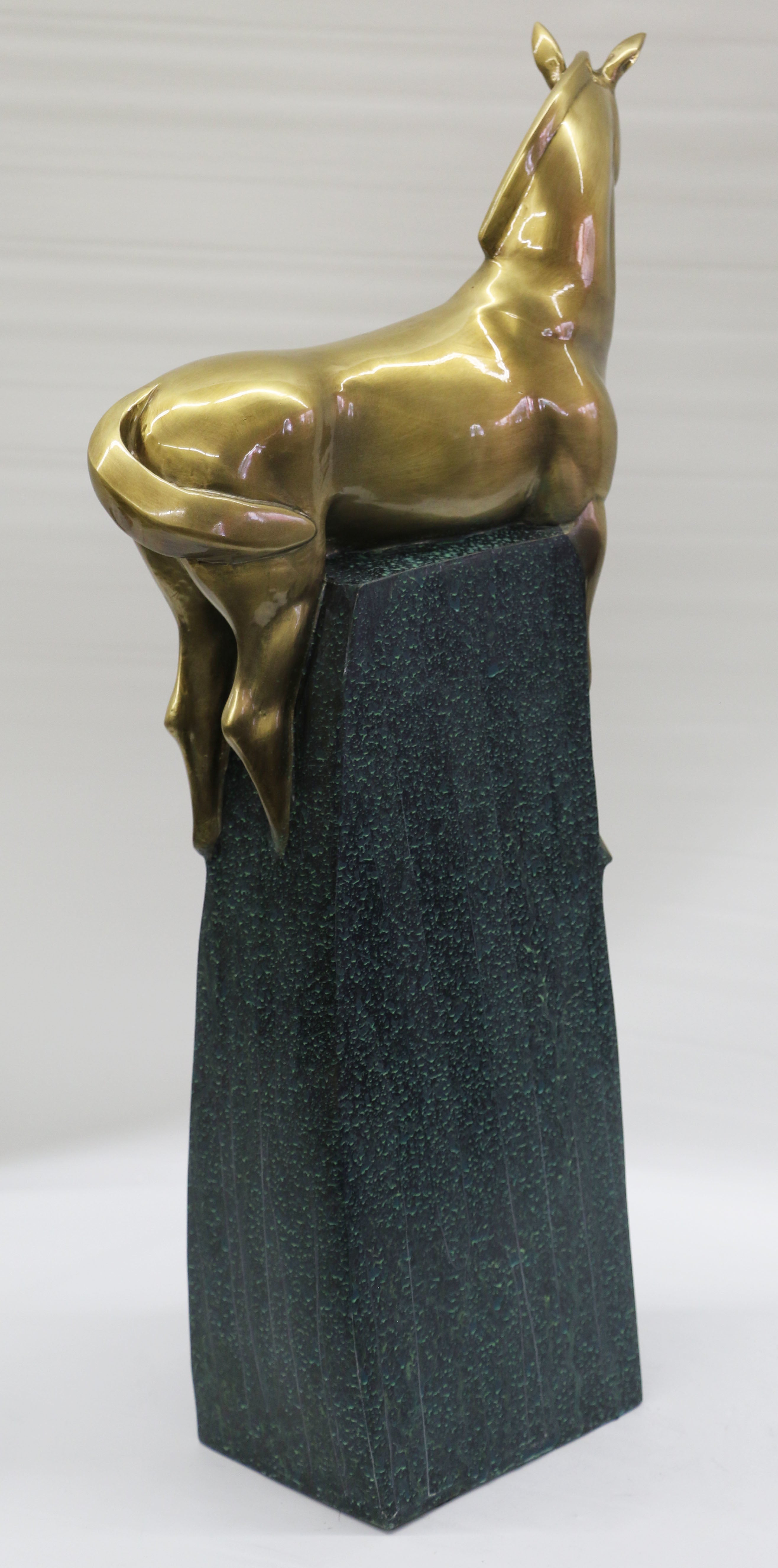 Large Green and Gold Patina Stallion Horse Bronze Sculpture