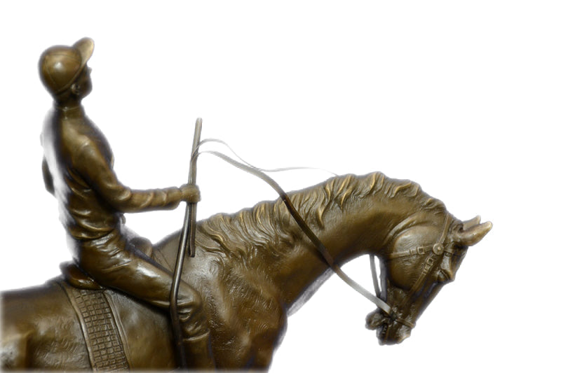 JOCKEY RIDING HORSE BRONZE STATUE FIGURE FIGURIN HOT CAST MARBLE BASE SCULPTURE