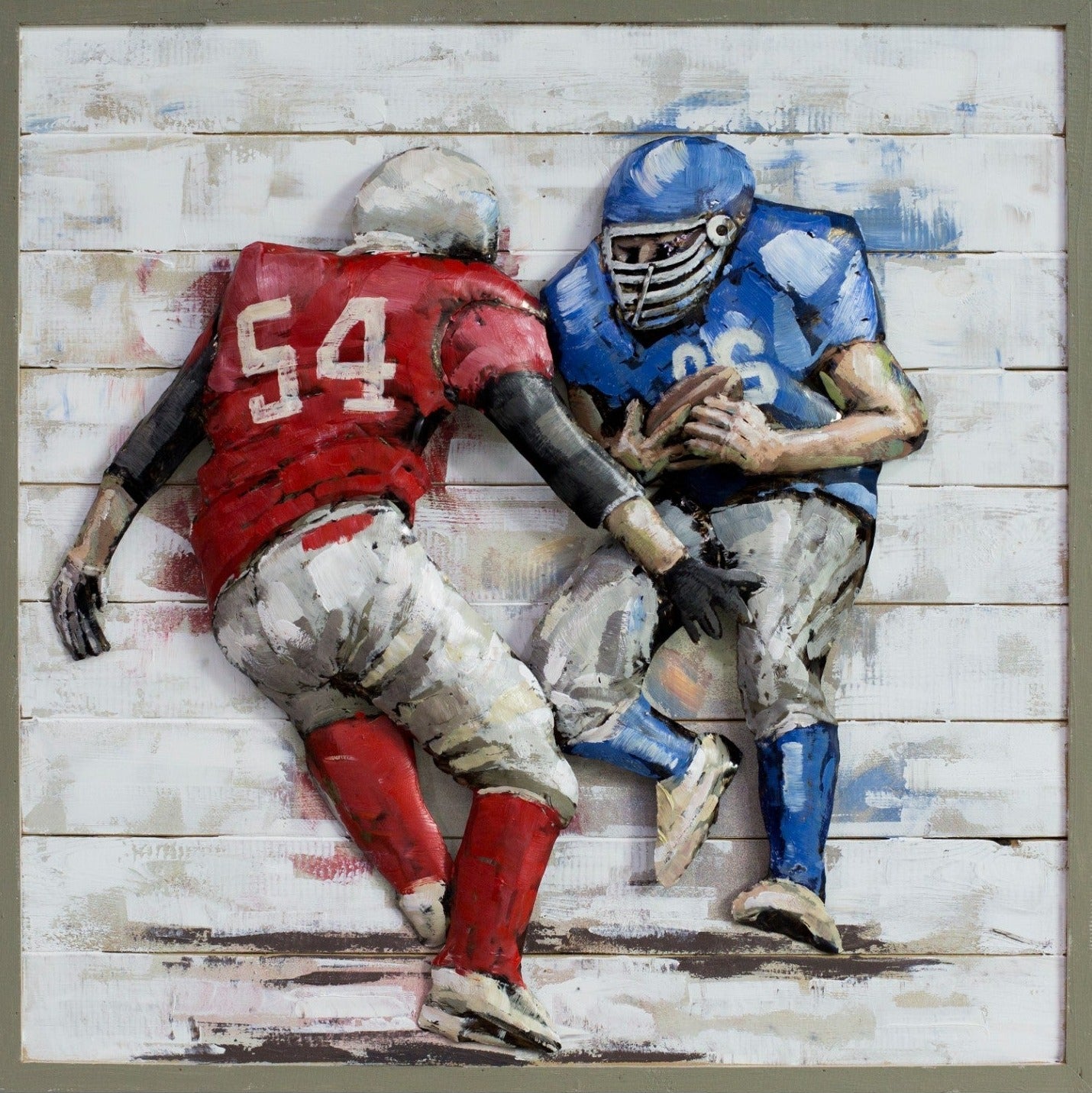 Football Players 3D Wall Art Metal Cutout on Wood Canvas