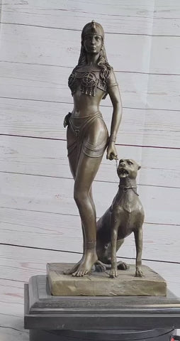 100% BRONZE ORIGINAL NUDE QUEEN W/ LION EGYPTIAN GREEK ANCIENT STYLE FIGURE DECO