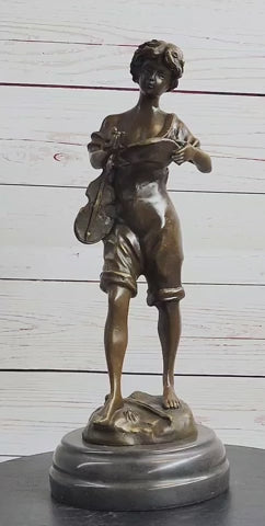 100% Solid Bronze Sculpture Boy and Violin
