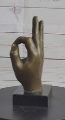Abstract Modern Art OK Gesture Sign Bronze Sculpture Marble Base