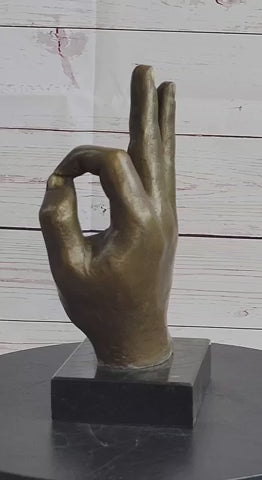 Abstract Modern Art OK Gesture Sign Bronze Sculpture Marble Base