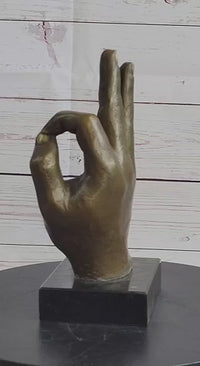 Abstract Modern Art OK Gesture Sign Bronze Sculpture Marble Base