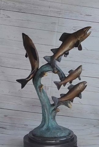 4 Fish Jumping Out of Water Bronze Metal Sculpture 25" x 18"